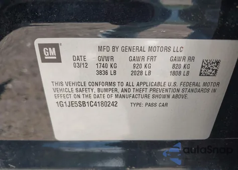 2012 Chevrolet Sonic 2Lz from USA, damaged, VIN 1G1JE5SB1C4180242